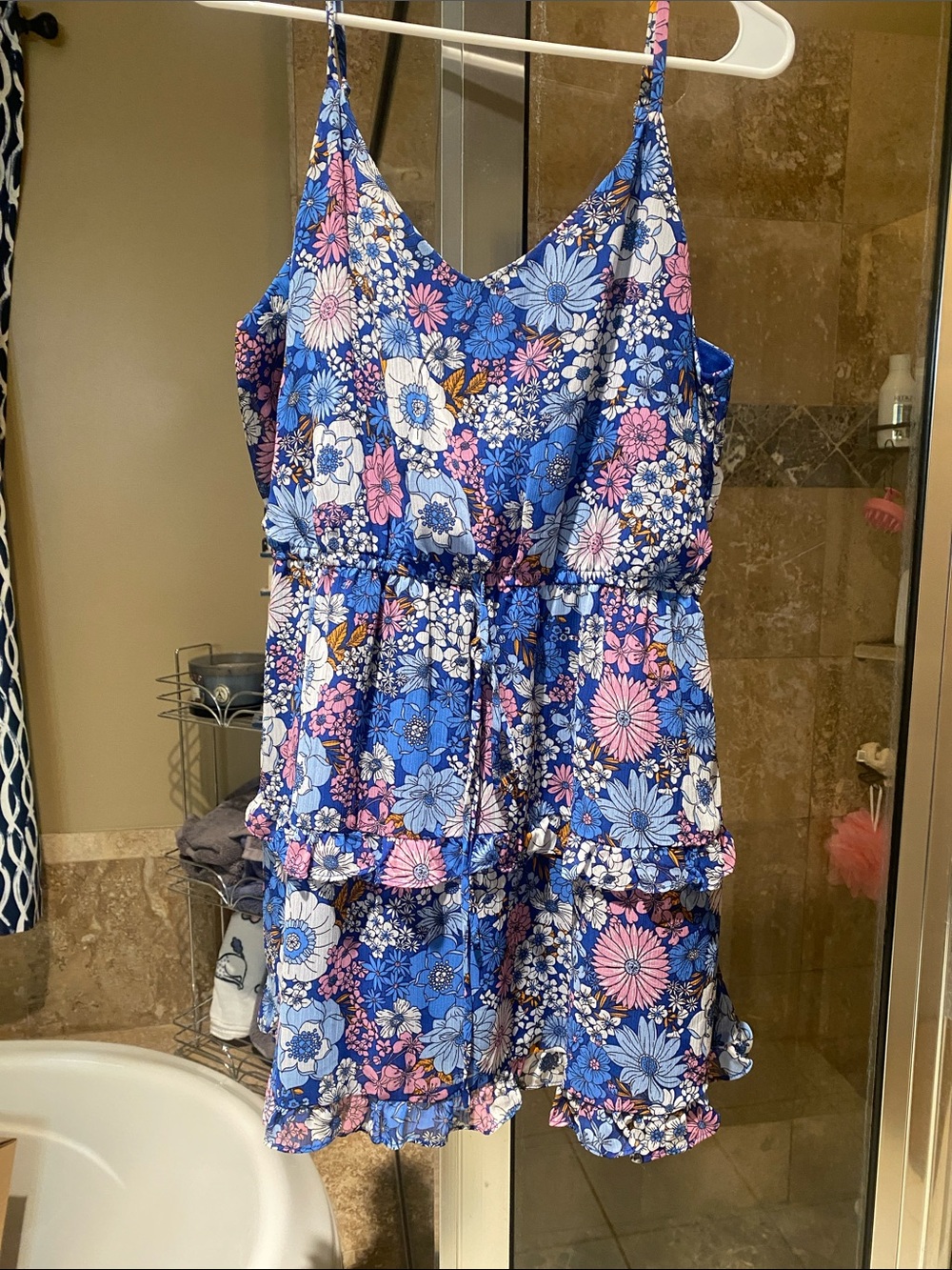 Girls Blue Floral Tiered Sundress with Pink Accents